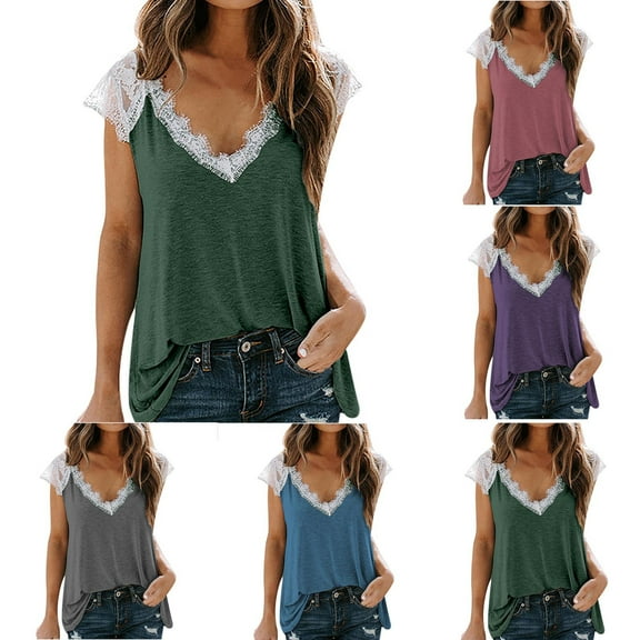 Womens Fashion Summer Tops 2025 Plus Size V-Neck Short Sleeve Lace Tops T-Shirt Tees Loose Short Blouse