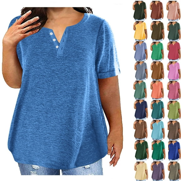Womens Fashion Summer Tops 2025 Plus Size V-neck Solid Color Oversized T-shirt Top