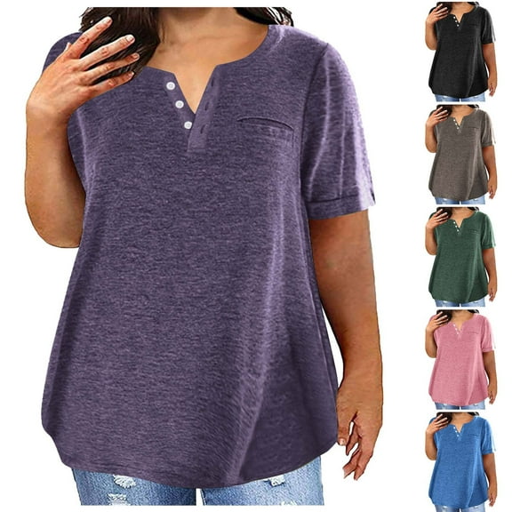Womens Fashion Summer Tops 2025 Plus Size V-neck Solid Color Oversized T-shirt Top