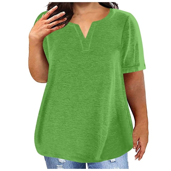 Womens Fashion Summer Tops 2025 Plus Size V-neck Solid Color Oversized T-shirt Top