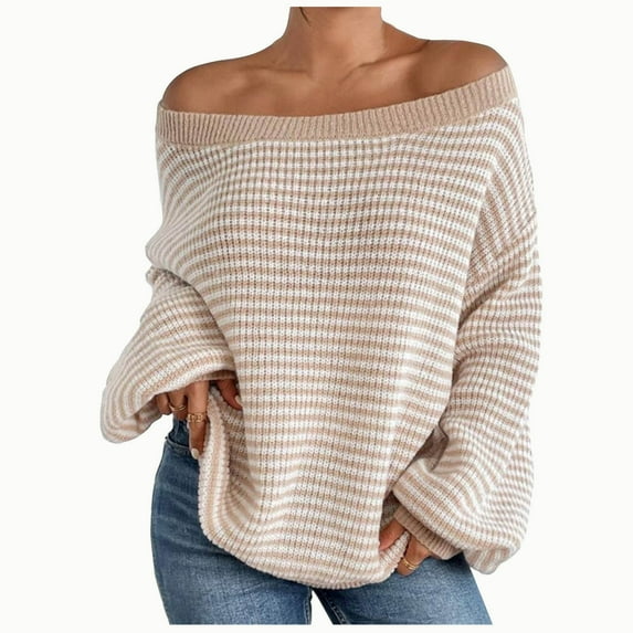 Womens Fashion Sweaters Casual Long Sleeve Off the Shoulder Pullover Striped Lightweight Loose Sweater Fall Winter Warm Tops