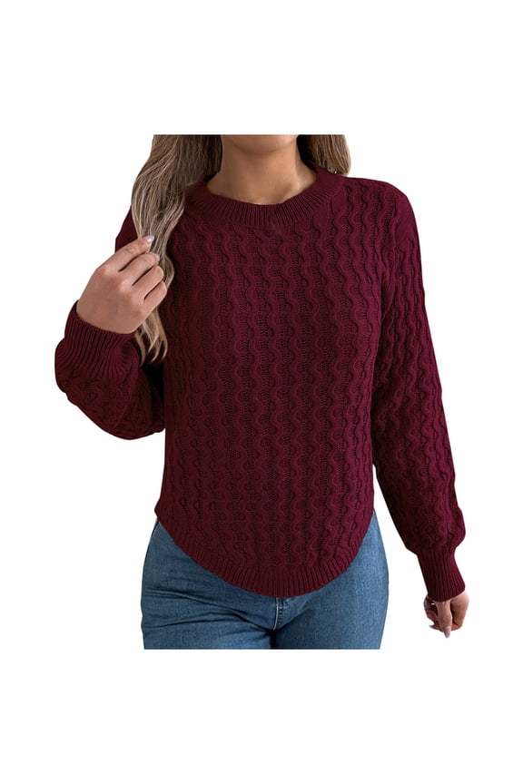 Womens' Fashion Sweaters Casual Long Sleeve Solid Color Wine Round Neck Fall/Winter Oversized Sweater S-XL
