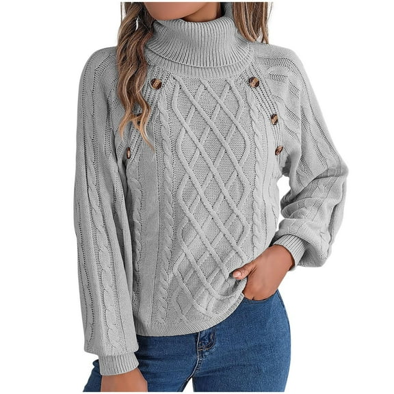 Womens' Fashion Sweaters Casual Solid Color Crew Neck Button Dough Twists Lantern Sleeve Turtleneck Fall/Winter Gray Oversized Sweater (XL)
