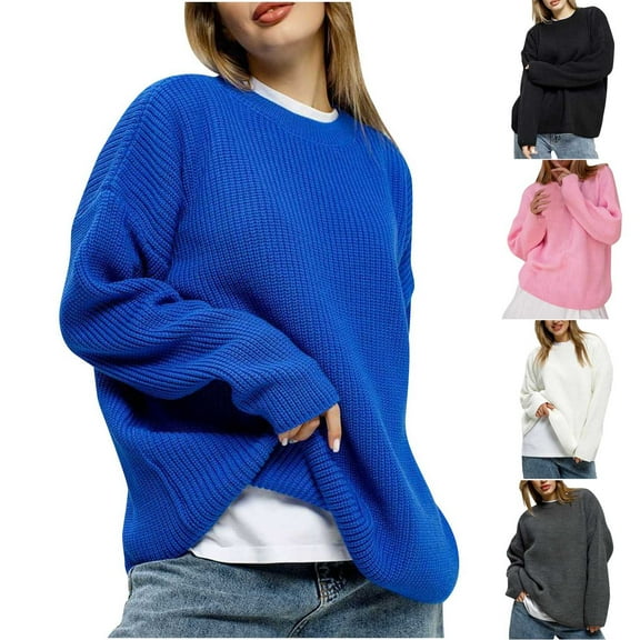 Womens' Fashion Sweaters Long Sleeved Loose Solid Color Knitted Round Neck Fall/Winter Blue Oversized Sweater (M)