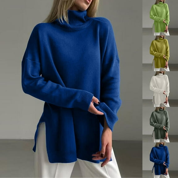 Womens' Fashion Sweaters Loose Solid Color Crew Neck Knitted Long Sleeved Turtleneck Fall/Winter Blue Oversized Sweater (XL)