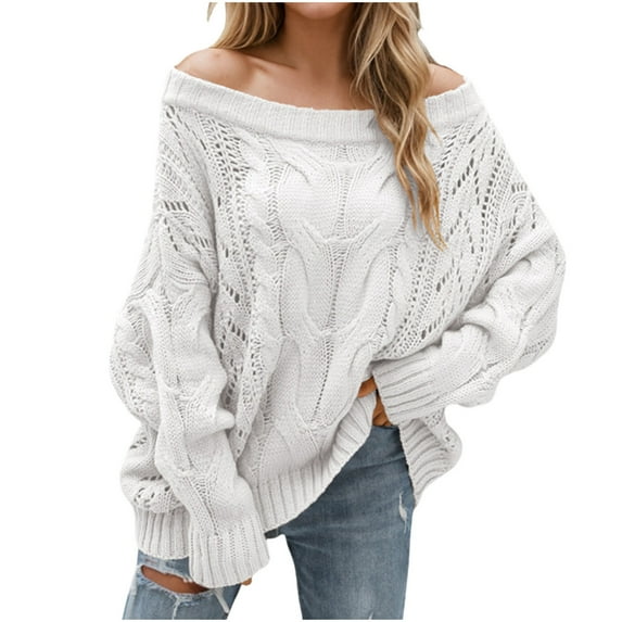 Womens' Fashion Sweaters Off-shoulder Casual Loose Solid Color Line Round Neck Fall/Winter White Oversized Sweater (M)