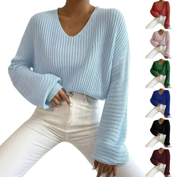 Womens' Fashion Sweaters Solid Color Button Long Sleeved Casual Loose Cardigan V Neck Fall/Winter Sky Blue Oversized Sweater (M)