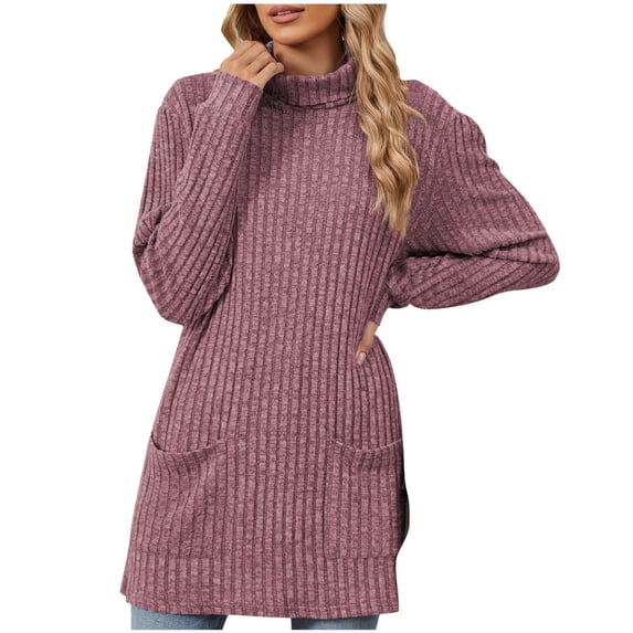 Womens' Fashion Sweaters Solid Color Half Loose Pocket Long Sleeve Crew Neck Fall/Winter Wine Oversized Sweater (M)