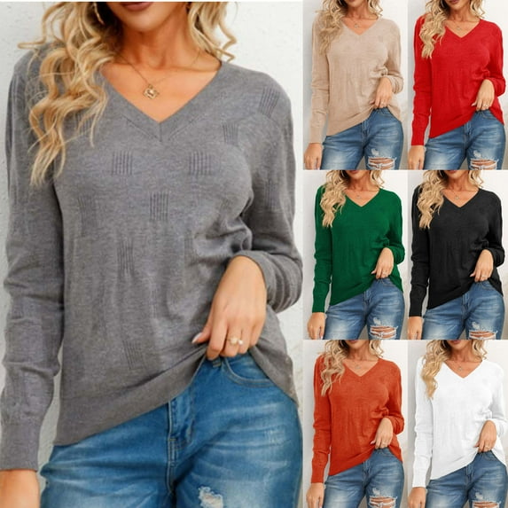 Womens' Fashion Sweaters Solid Color Long Sleeved Knitted Casual Dark Gray V Neck Fall/Winter Oversized Sweater S-2XL