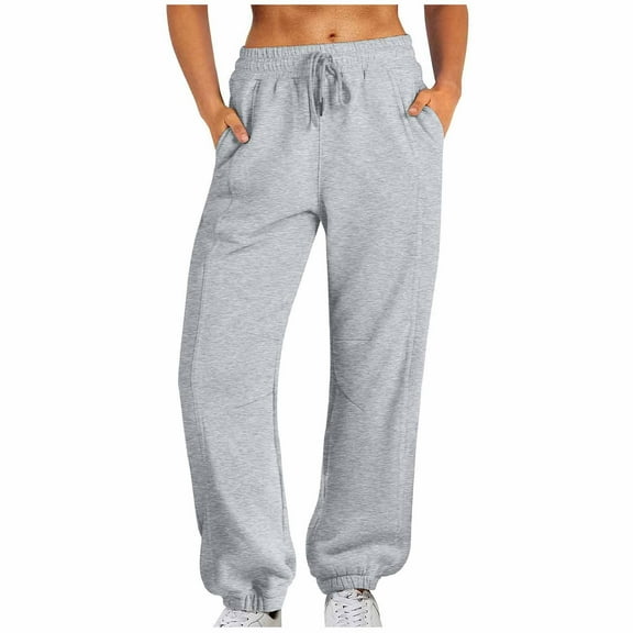 Womens Fashion Sweatpants Baggy Loose Mid Rise Fleece Workout With Pockets Active Long Jogger Gray Sweatpants Pants Long Pants (L)