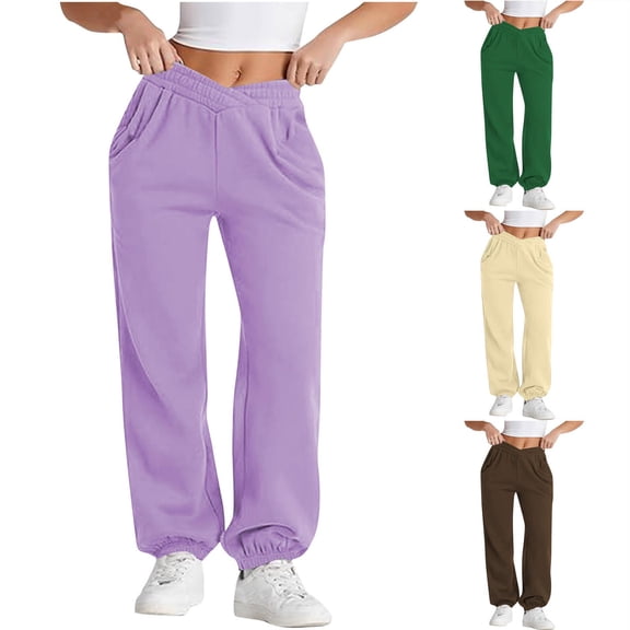 Womens Fashion Sweatpants Casual Printing Pockets Elastic Waist Straight Loose Purple Sweatpants Pants Long Pants (L)