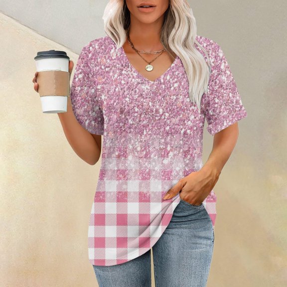 Womens Fashion T Shirts Short Sleeve Casual V Neck Summer Tops Cute Loose Fit Blouses Graphic Tees