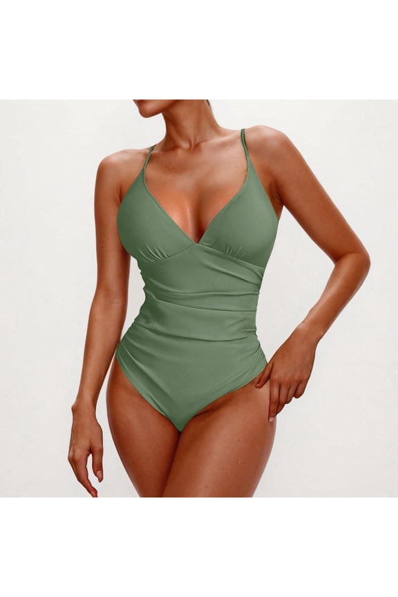 Womens Fashion Tankini One Piece Bathing Suits Solid Color Piece Suspender Bikini Army Green Swim Suits∣XL