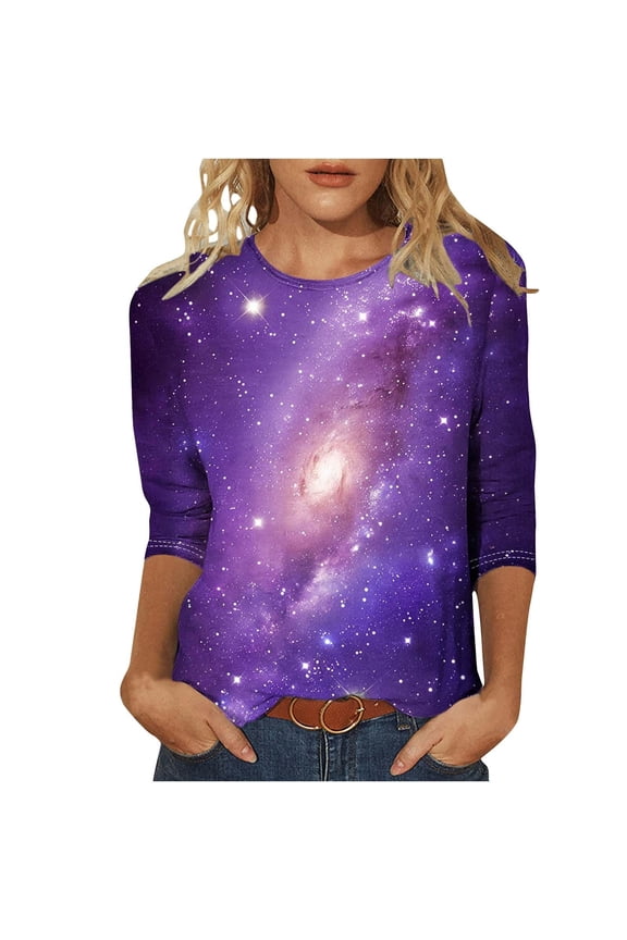 Womens Fashion Tees Tops 3/4 Sleeve Celestial Starry Sky Print Casual Lightweight Outfits Clothes 2026 Purple