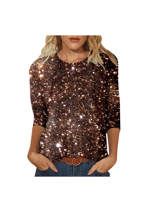 Womens Fashion Tees Tops 3/4 Sleeve Crew Neck Summer Sequin Print Y2k Clothes Gold
