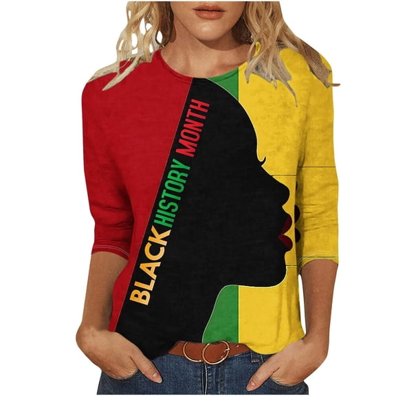 Womens Fashion Tees Tops Black Month African Celebration Blouse Tshirt 3/4 Sleeve Crewneck Y2k Clothes