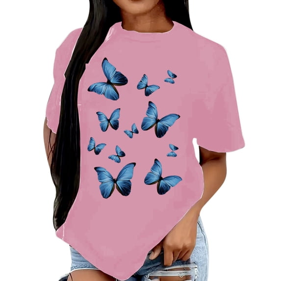 Womens Fashion Tees Tops Blue Butterfly Print Short Sleeve Summer Crew Neck 2025 Fall Outfits