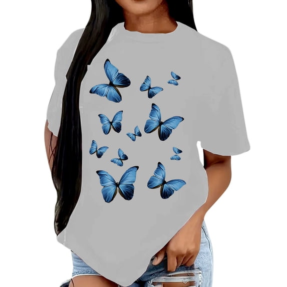 Womens Fashion Tees Tops Blue Butterfly Print Short Sleeve Summer Crew Neck Gift Clothes