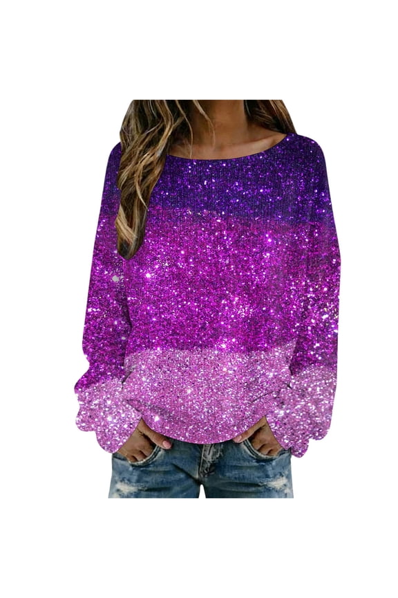 Womens Fashion Tees Tops Carnival Color Block Sequin Print Long Sleeve Crewneck Party Festival 2025 Summer Clothes Purple