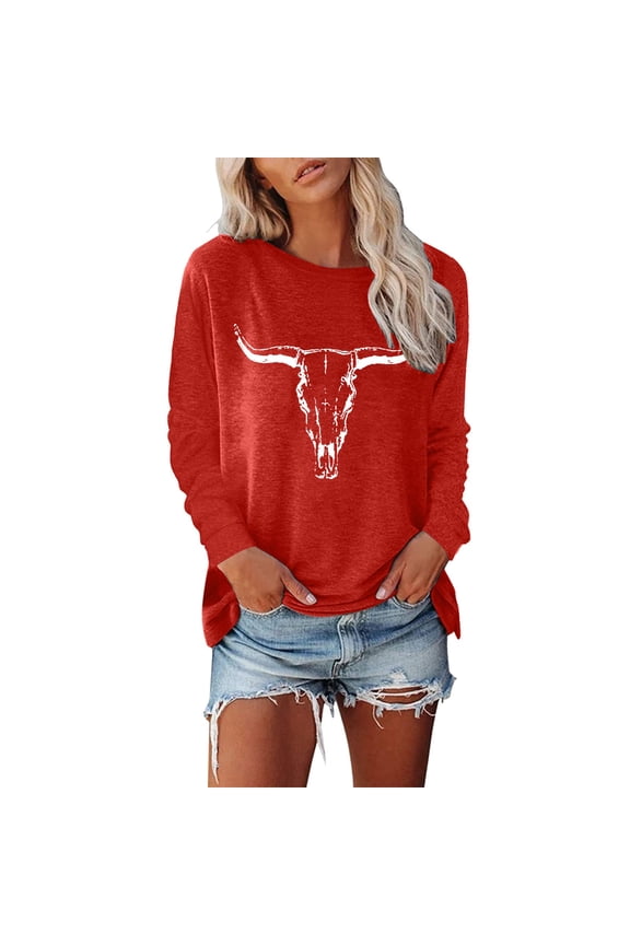 Womens Fashion Tees Tops Cow Cartoon Graphic Print Long Sleeve Tunic Blouse Red