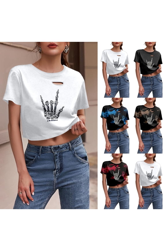 Womens Fashion Tees Tops Gothic Skeleton Print Cropped Distressed Going Out Blouse Red