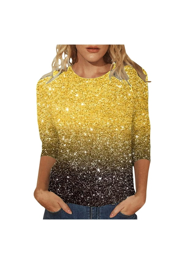 Womens Fashion Tees Tops Gradient Sequin Print 3/4 Sleeve Party Y2k Clothes Yellow