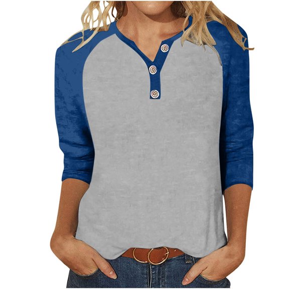 Womens Fashion Tees Tops Half Button V Neck Color Block 3/4 Sleeve Slim 2025 Fall Outfits