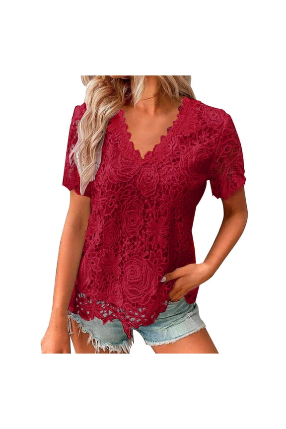 Womens Fashion Tees Tops Lace Flower Ruffle Hem Short Sleeve Solid Summer Clothes Red XL