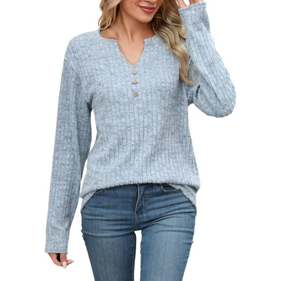 Womens Fashion Tees Tops Long Sleeve Button Down Soft Brushed Texture Knit Loose Fit Crewneck Blouse 2025 Fall Outfits