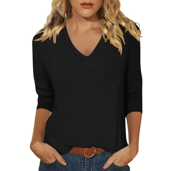 Womens Fashion Tees Tops Loose Neck Printed Three Quarter Sleeve Soft Blouse Spring Summer Dressy Casual Clothes