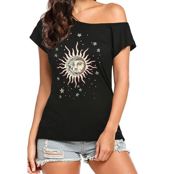 Womens Fashion Tees Tops Off The Shoulder Short Sleeve Letter Print Blouse Dressy Casual Clothes