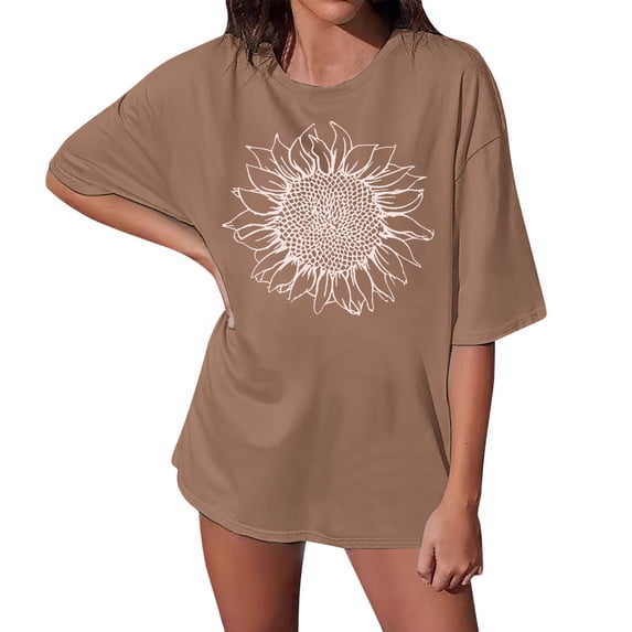 Womens Fashion Tees Tops Oversized Loose Short Sleeve Sunflower Print Summer 2025 Fall Outfits