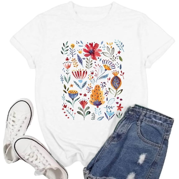 Womens Fashion Tees Tops Printed Round Neck Solid Color Short Sleeved Gift Clothes