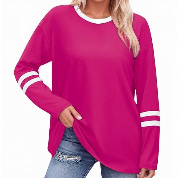 Womens Fashion Tees Tops Round Neck Long Sleeved Striped Loose Patchwork Gift Clothes