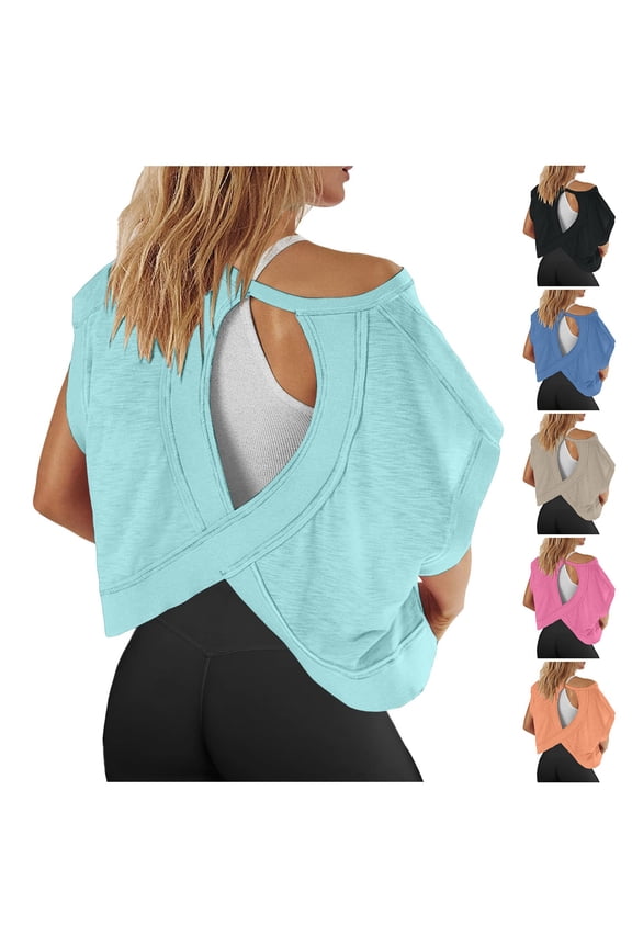 Womens Fashion Tees Tops Short Sleeve Workout Open Back Yoga Athletic Gym Slouchy Crop Running Summer Outfits Clothes 2026 Blue