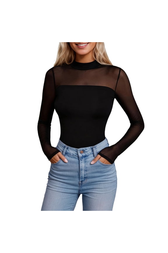 Womens Fashion Tees Tops Solid Color Neck Mesh Panel Blouse Gift Clothes