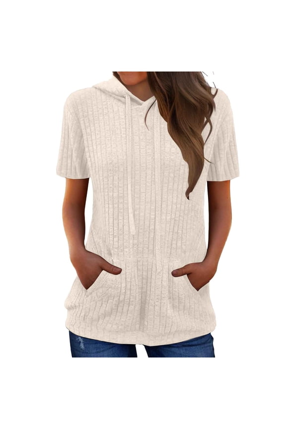 Womens Fashion Tees Tops Solid Striped Pocket Hooded Short Sleeve Basic Slim Undershirts