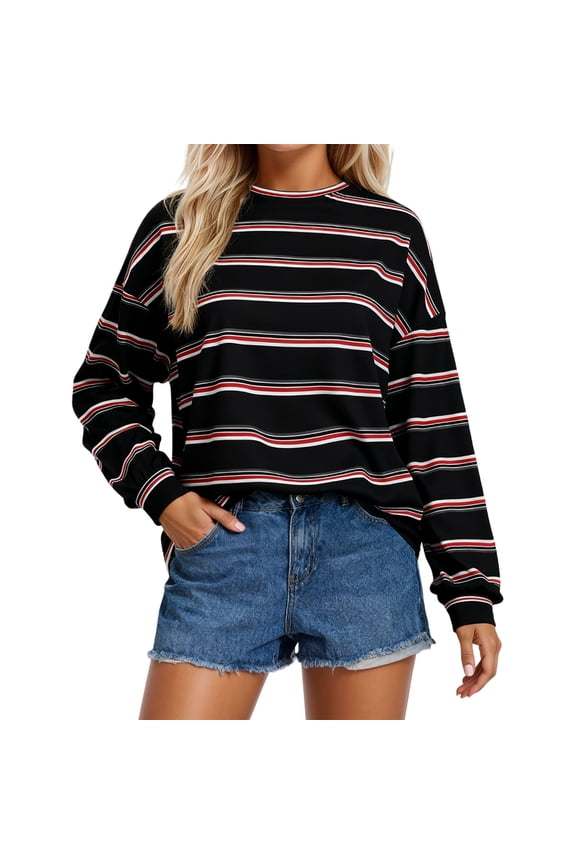 Womens Fashion Tees Tops Striped Long Sleeve Round Neck Fall Styling Versatile Basic Slim Undershirts