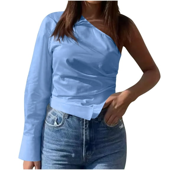 Womens Fashion Tops Fall Casual Loose Long Sleeve One-Shoulder Solid Shirt Stretch Ruched Blouse