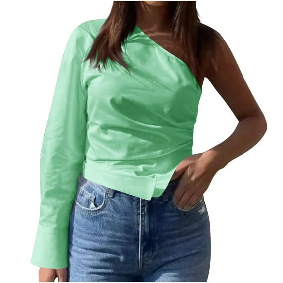 Womens Fashion Tops Fall Casual Loose Long Sleeve One-Shoulder Solid Shirt Stretch Ruched Blouse