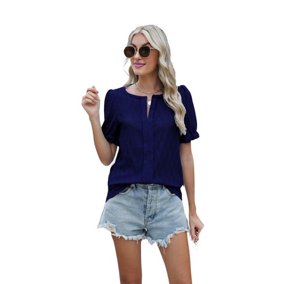 Womens Fashion Tops Cute Puff Sleeve Blouses for Women Dressy Casual Spring Summer Clothes Outfits for 2025 Navy Blue XL
