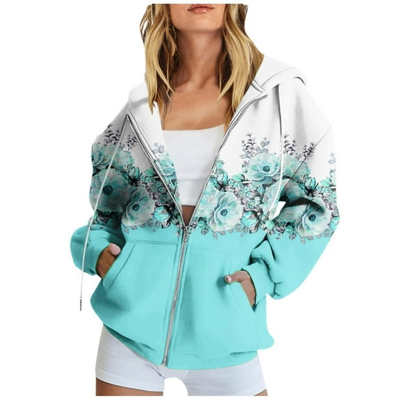 Womens Fashion Tops Hoodies Fall Fashion Long Sleeve Floral Print Sweatshirt With Pocket Zipper Hoodie Coat Polyester Green Size S-3Xl Fall Sweatshirts For Women