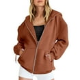 thumbnail image 1 of Womens Fashion Tops Hoodies Fall Jacket Oversized Pocket Casual Zipper Track Jacket Solid Color Long Sleeve Hooded Top Polyester Brown Size S-5Xl Fall Sweatshirts For Women, 1 of 5