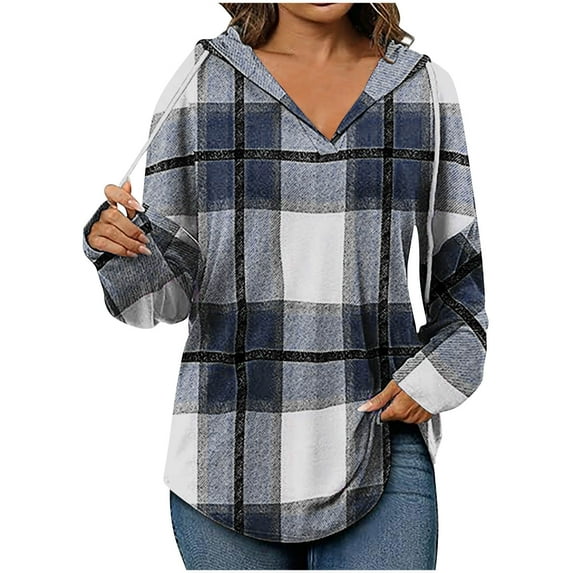 Womens Fashion Tops Plaid Hoodies Drawstring Pullover Oversized Tunic Sweatshirt Long SLeeve Shirts