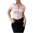 thumbnail image 1 of Womens Fashion Tops Summer Knit Turn down Collar Slim Fitted Shirts Color Block Tee Comfy Soft Clothes (L, Pink), 1 of 8