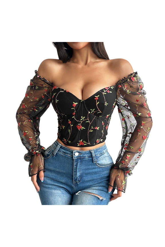 Womens Fashion Tops, Women's Embroidered Patchwork Sheer Mesh Low-Cut Long-Sleeve Top with Shaping Design, Slim-Fit, Low Cut Tops