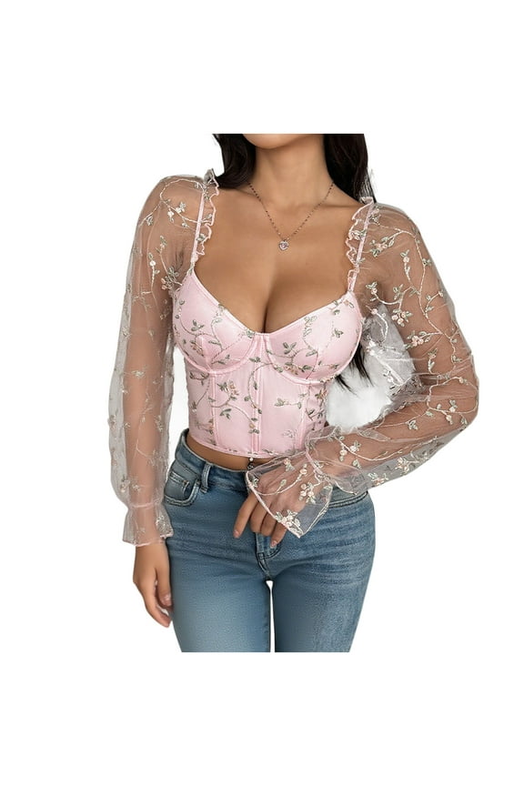 Womens Fashion Tops, Women's Embroidered Patchwork Sheer Mesh Low-Cut Long-Sleeve Top with Shaping Design, Slim-Fit, Low Cut Tops
