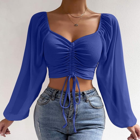 Womens Fashion Tops Women's Long Sleeve Mesh Solid Color Drawstring V-Neck Cropped Top Blouse