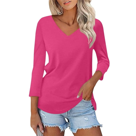 Womens Fashion Tops Women's V-neck 3/4 Sleeve Solid Color Top
