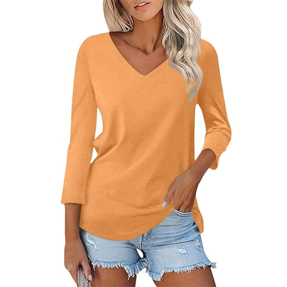 Womens Fashion Tops Women's V-neck 3/4 Sleeve Solid Color Top